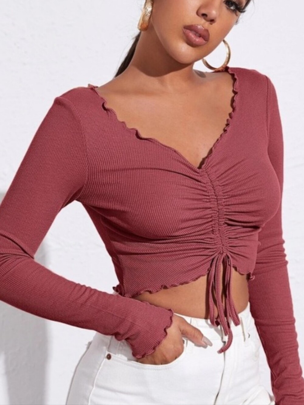 Altar'd State Ribbed Drawstring V-Neck Long Sleeve Crop Top Brick Red/Orange, M